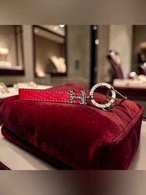 Red Vegan Leather Keychain with Gold Tone Crystal Accents